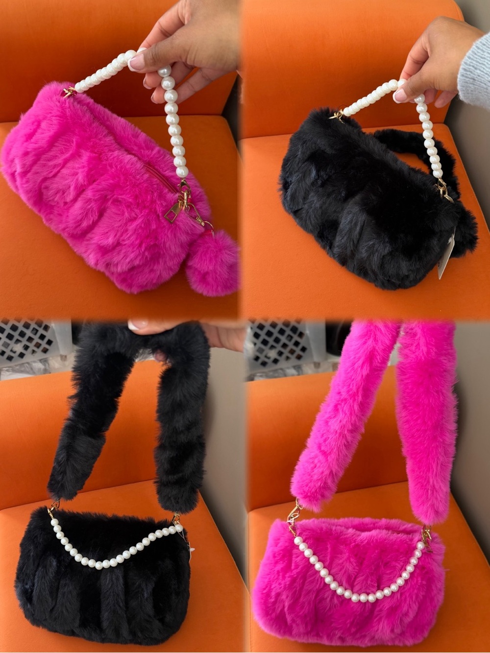 Faux Fur Pearl-Handle Shoulder Bag - Hot Pink or Black